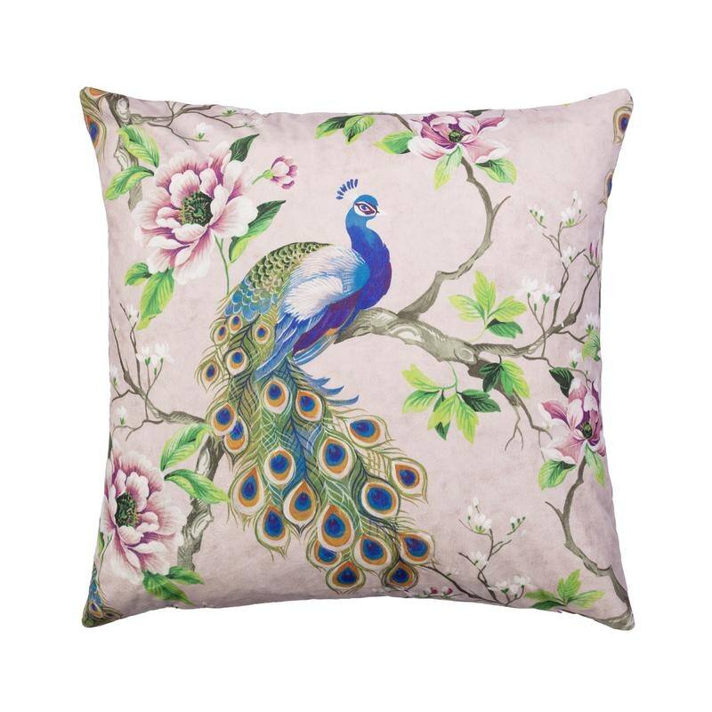 Austin Horn Classics Peacock Decorative Velvet Pillow Pale Pink, 22"x22", Spanish Printed Velvet - Feather Down
