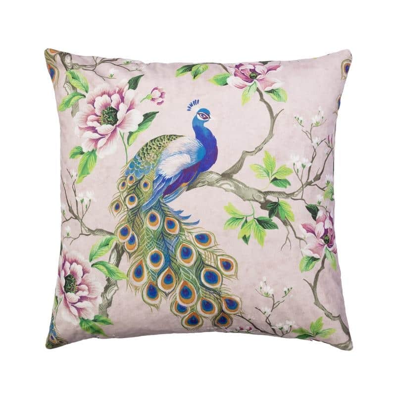Austin Horn Classics Peacock Decorative Velvet Pillow Pale Pink, 22"x22", Spanish Printed Velvet