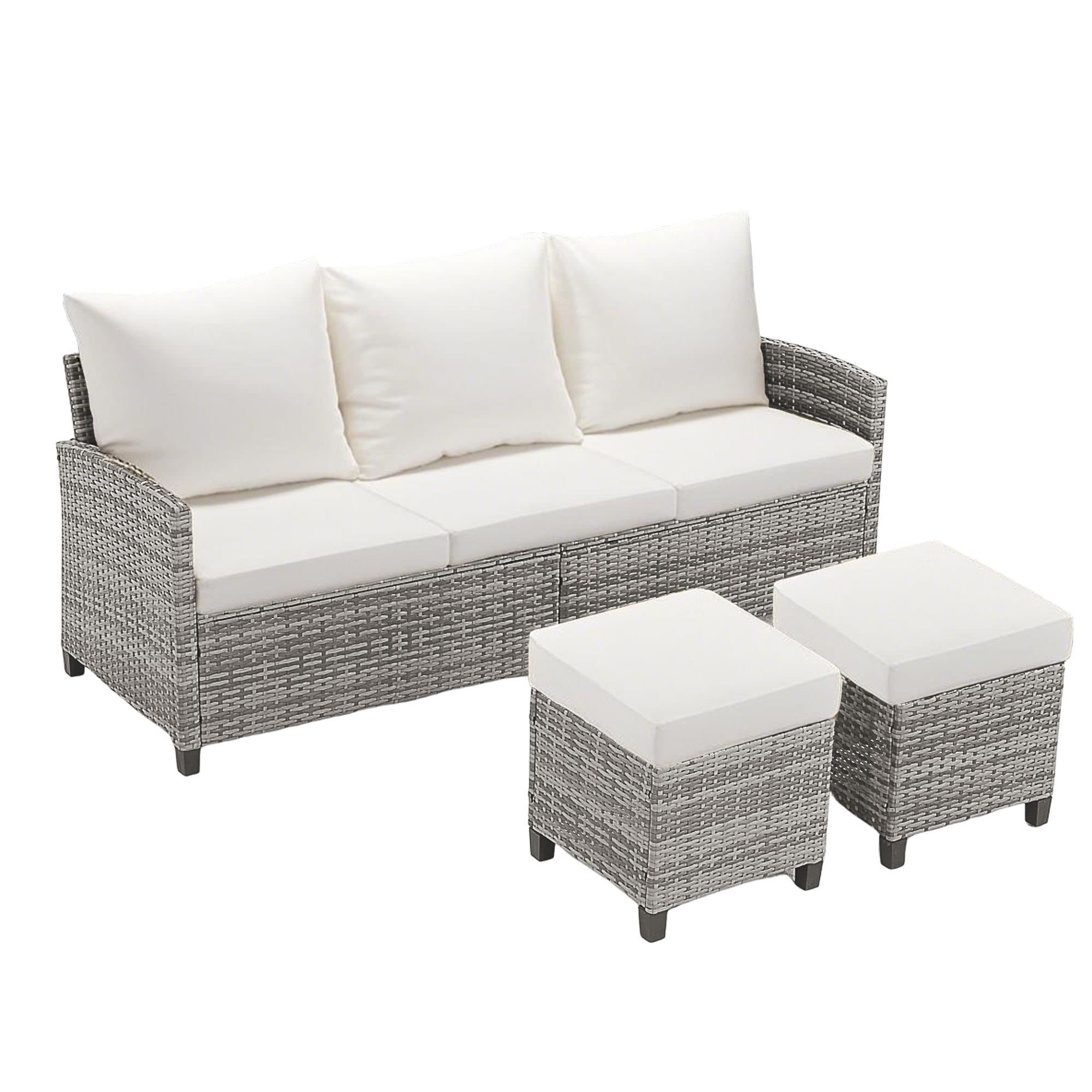 5-Piece 3-Seater Outdoor Wicker Sofa Couch with Beige Cushions