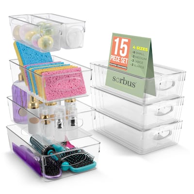 Sorbus Clear Plastic Storage Bins for Shelves with Handle 15 Pack - 11.75" L x 7.5" W x 3.25" H