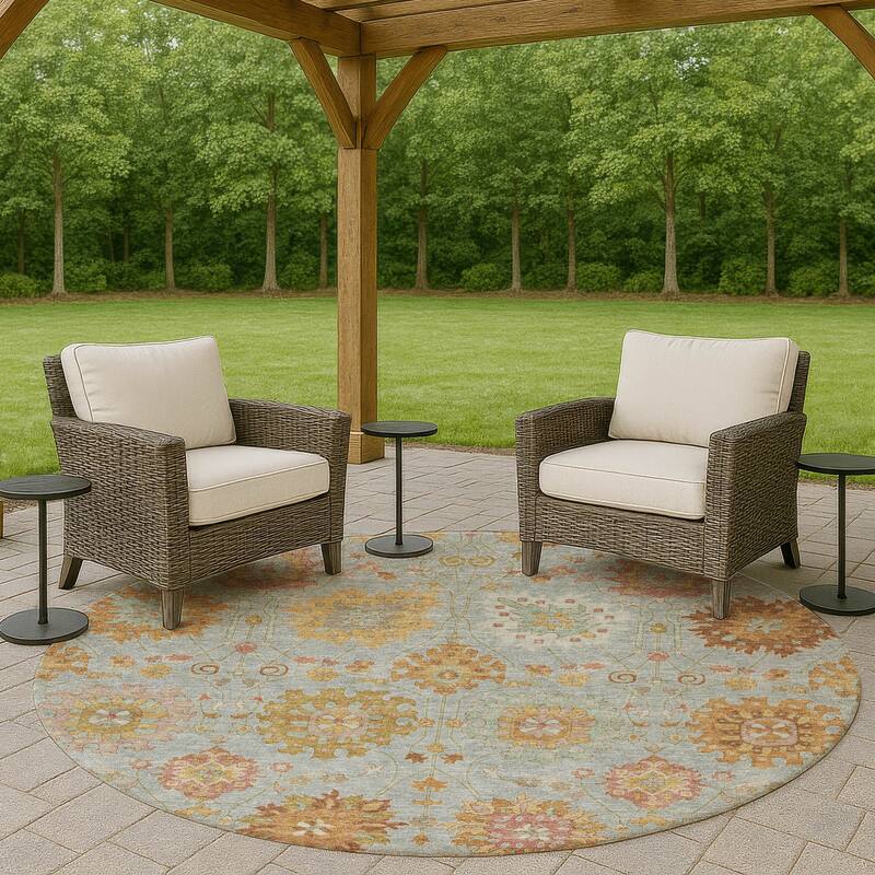 Machine Washable Indoor/ Outdoor Vintage Traditional Chantille Rug - Seafoam - 8' x 8'