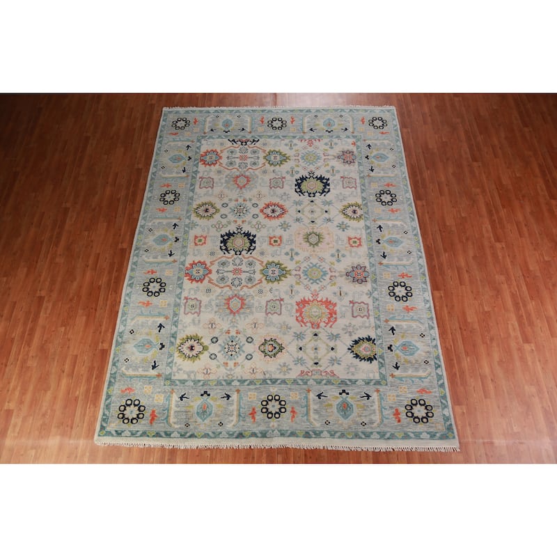 All-Over Geometric Oushak Indian Area Rug Hand-Knotted Wool Carpet - 9'0" x 11'11"