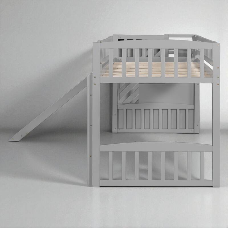 Twin Size Loft Bed with Slide and Storage Stairs, Convertible Ladder and 2 Drawers, Wood Frame