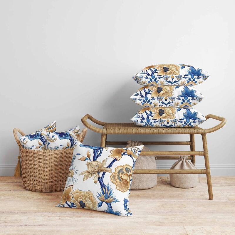 Vintage Bloom Faux Suede Reversible Throw Pillow Blue and Gold