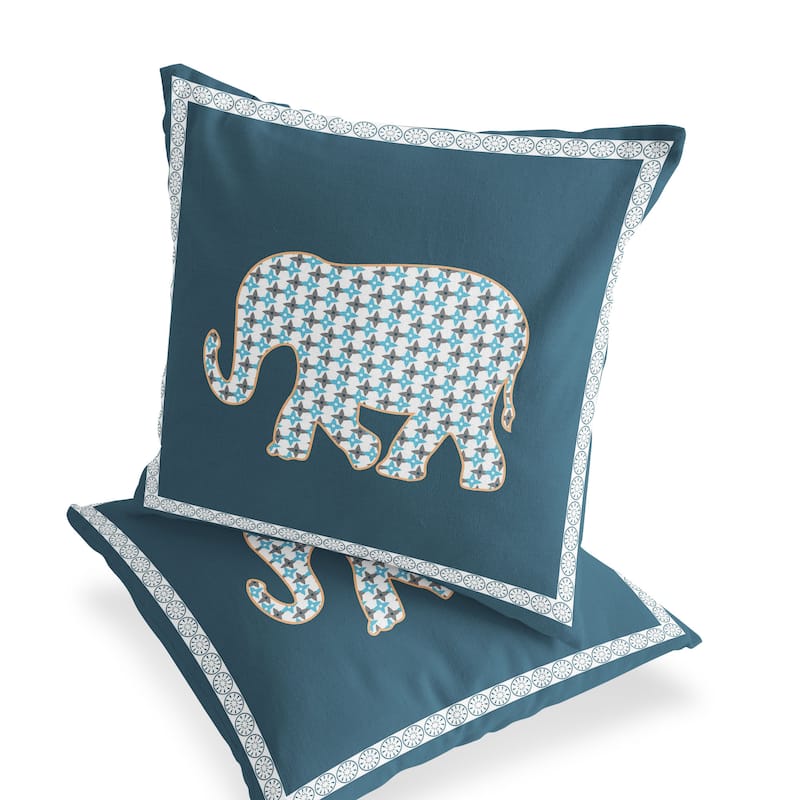 HomeRoots Set of Two 16" X 16" Blue and White Elephant Blown Seam Animal Print Indoor Outdoor Throw Pillow
