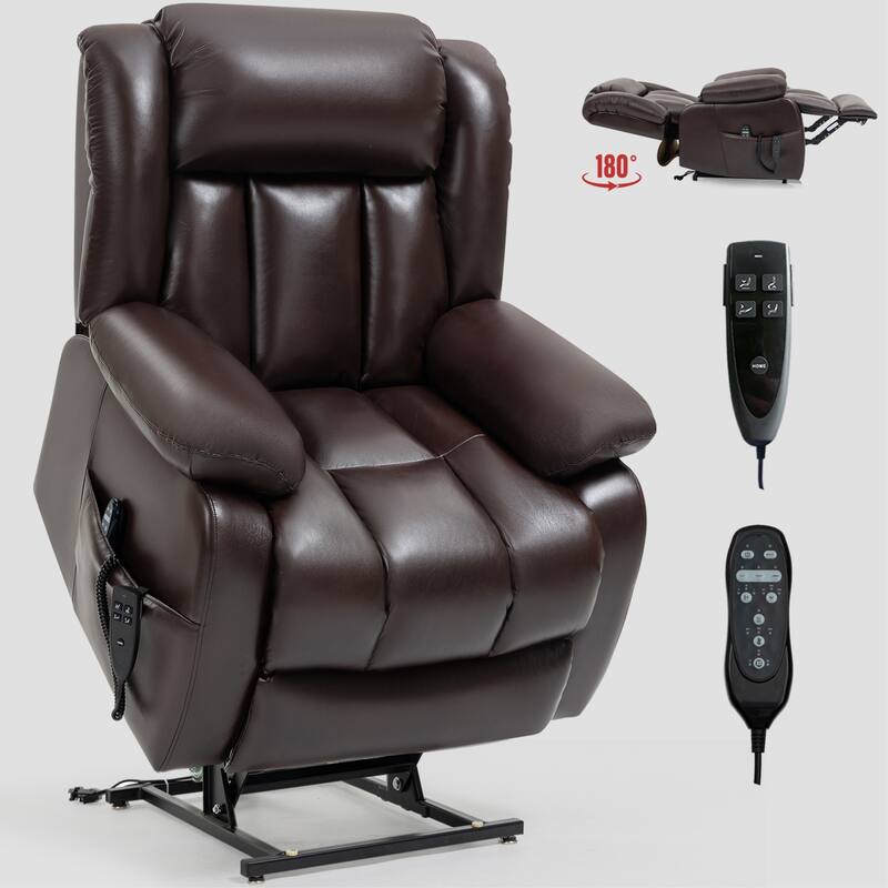 Brown Power Lift Recliner with Dual Motors, 8-Point Vibration Massage, and Heated Lumbar Support
