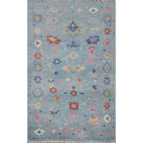 Light Blue Oushak Oriental Rug Hand-Knotted Wool Carpet - 2'11"x 5'2"