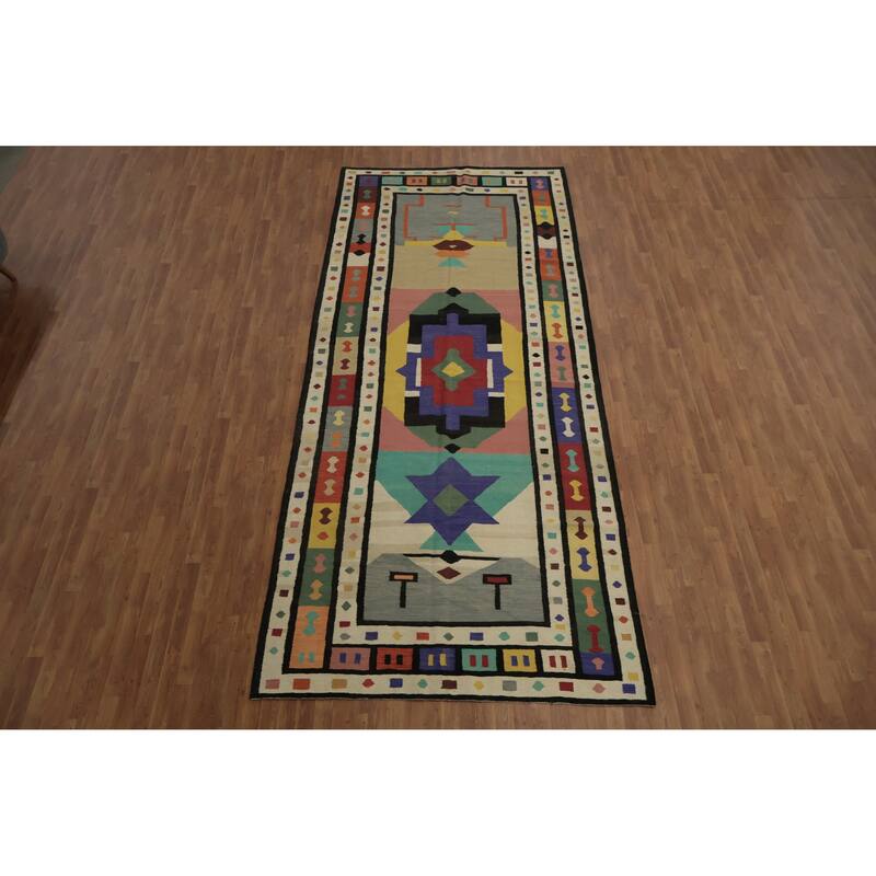 Hand Woven Oriental 100% Wool Carpet Southwestern Tribal Multi-Colored Kilim Area Rug - 14' 6'' X 6' 2''