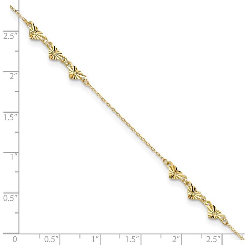 Curata 14k Yellow Gold 9+1" Diamond-cut Triple Heart Station Anklet (Spring-ring)