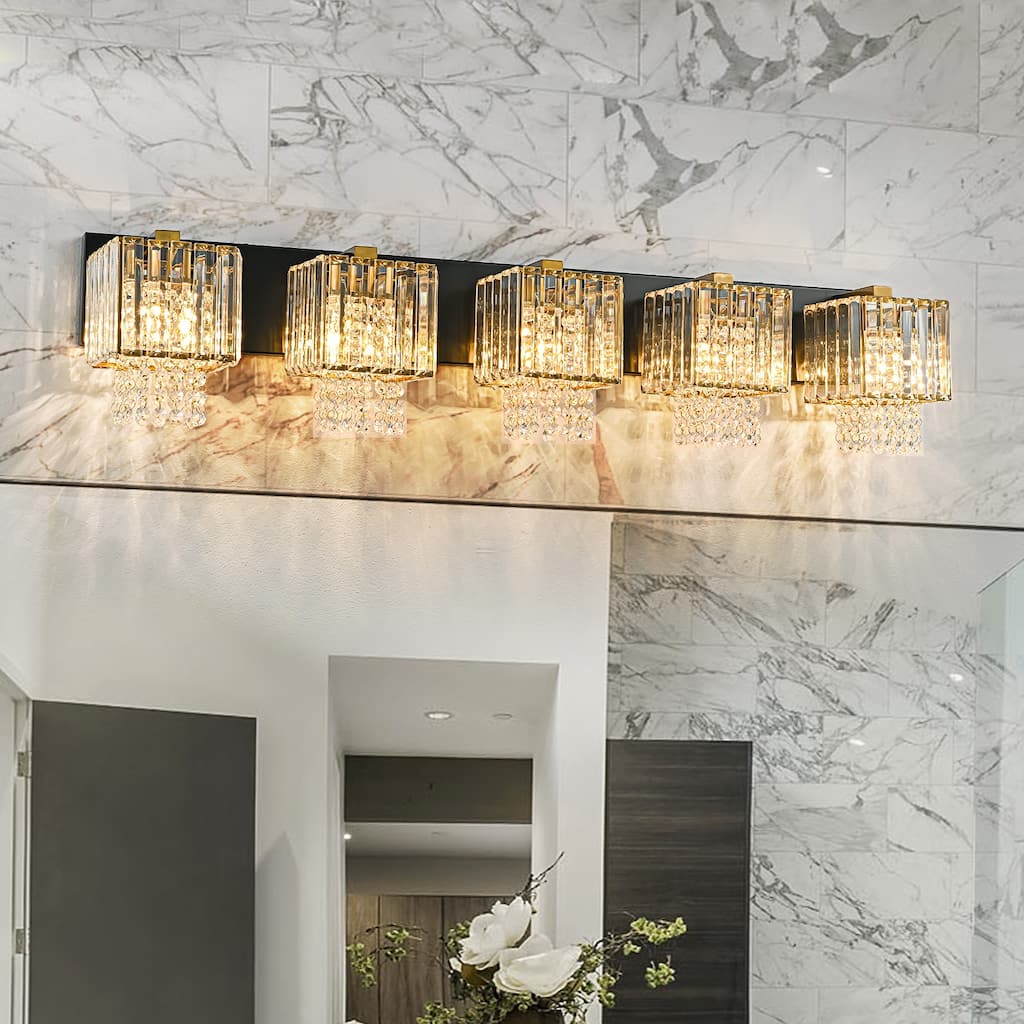 Modern Dimmable Black Gold Crystal Bathroom Lighting Fixture