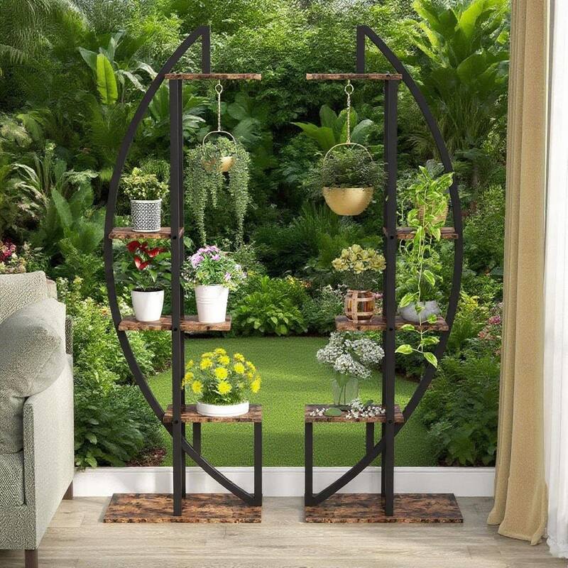Black-Brown Wood Metal 10-Tier Curved Plant Display Shelf Stand - 19.7" x 11.8" x 63"