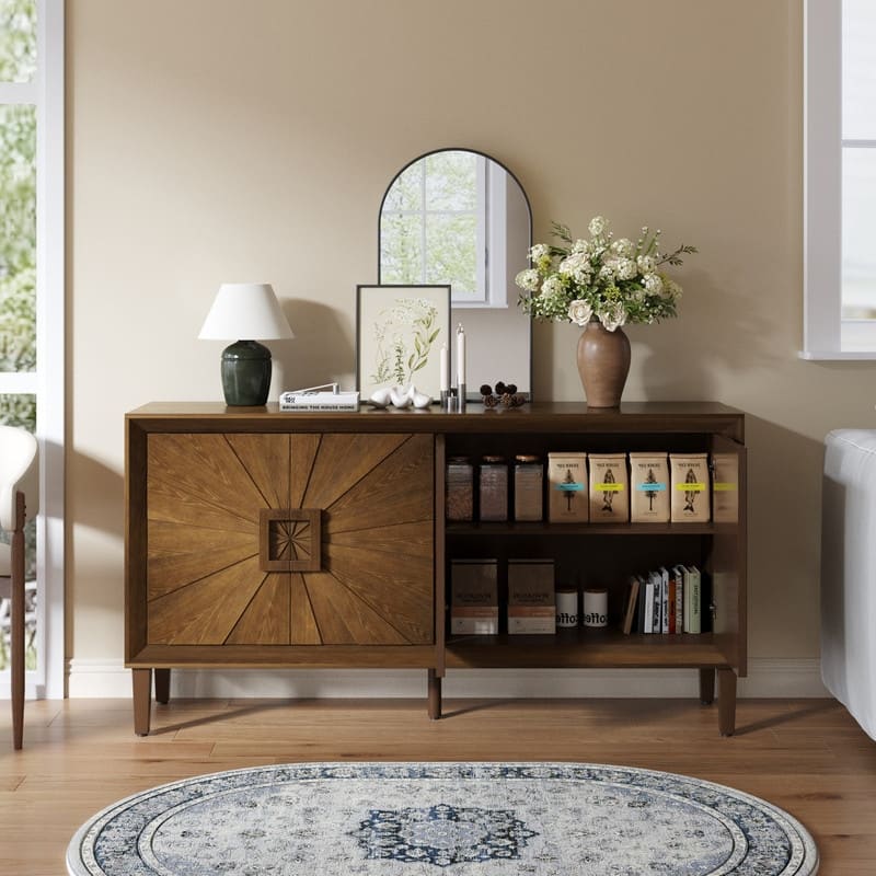 Rustic Farmhouse 59.8" Credenza, Durable Antique Wood Storage Unit for Living Room or Kitchen Use