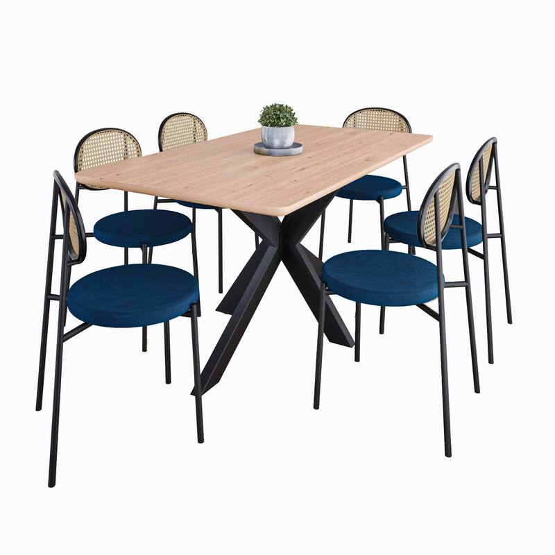 Ravenna 69" Rectangular Wood Dining Table with 6 Euston Wicker Dining Chairs - Maple/Navy Blue