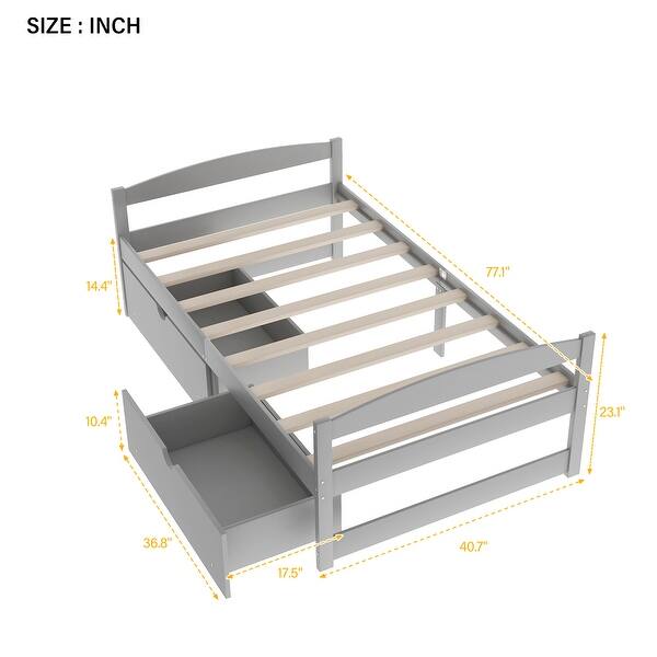 dimension image slide 1 of 4, Pine Wood Twin Size Platform Bed Frame with 2 Drawers or Twin Size Trundle Bed Frame for Kids, Teens, No Box Spring Required