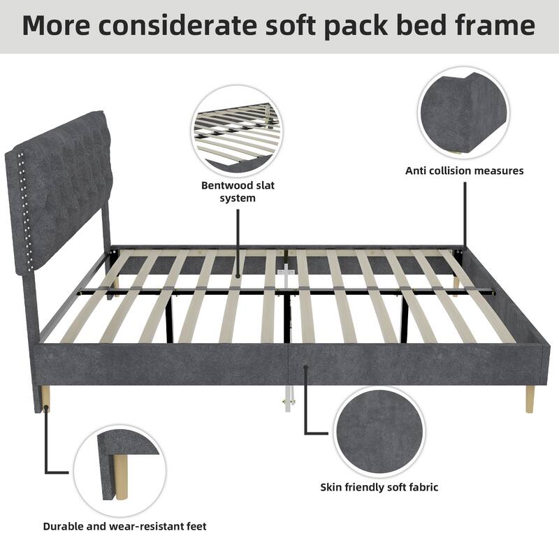 Modern Upholstered Platform Bed Frame with Tufted Headboard/Wood Slats Support/Noise-Free Stable Structure/No Box Spring Needed