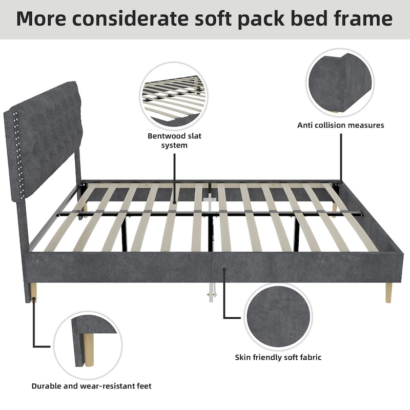 Suede Velvet Upholstered Bed Frame with Tufted Headboard, Soft Platform Bed for Master Bedroom