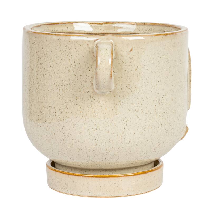 Stoneware Face Planter with Reactive Glaze, Handles, and Saucer - 8.3"L x 6.1"W x 5.8"H