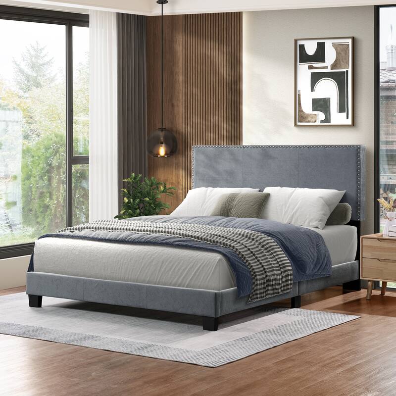 Upholstered Bed Frame Modern Platform Bed Frame with Nailhead Trim Adjustable Headboard/Wood Slat Support/No Box Spring Needed - Gray - Full