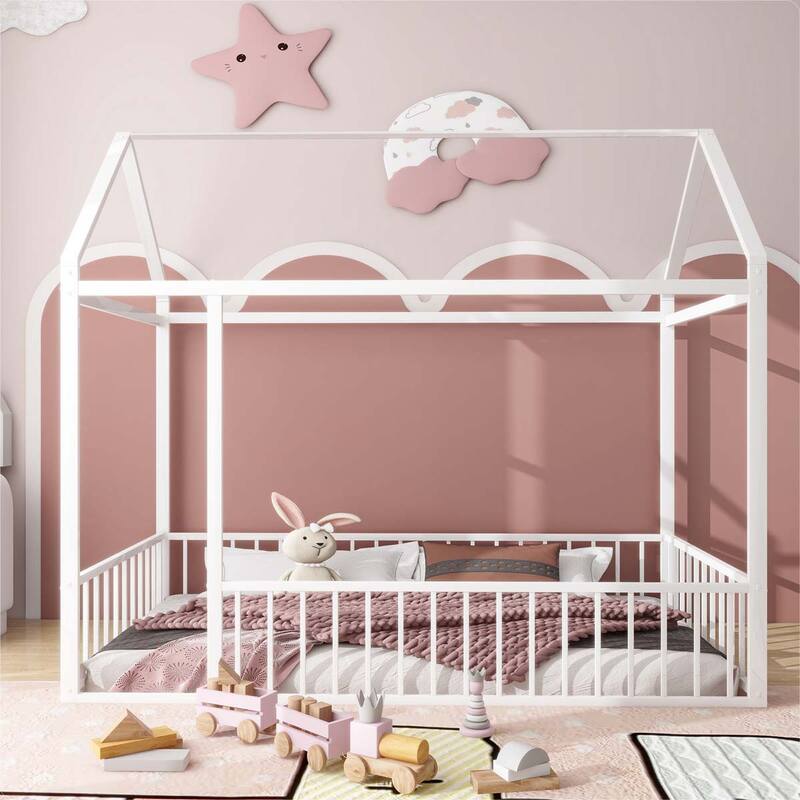 Twin Size Metal Bed House Bed Frame with Fence - White