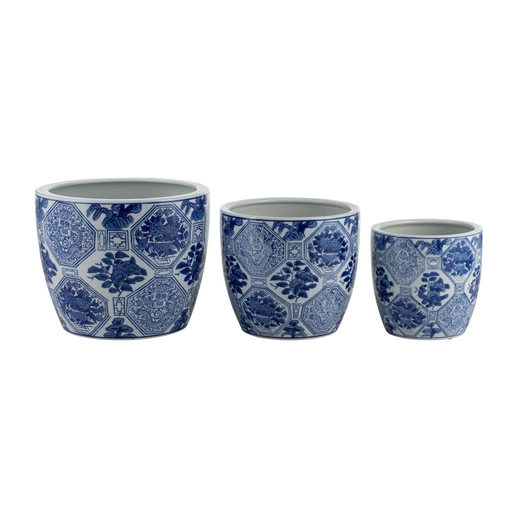 Set of 3 Ceramic Planters Contemporary Vintage Style Blue and White Planters with Chinoiserie Style Design for Home or