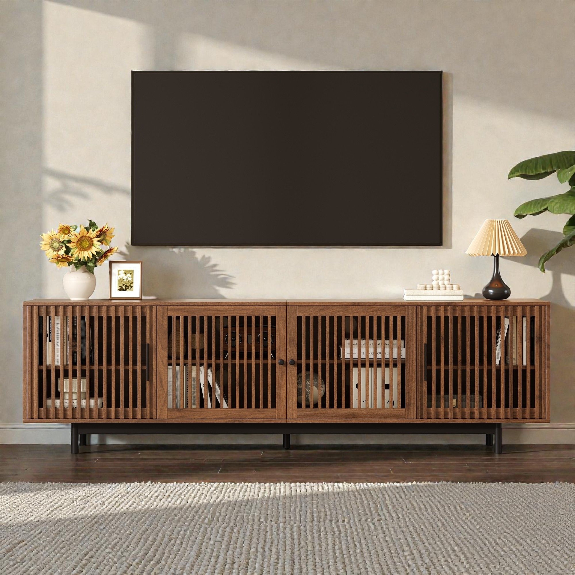 78 Inch TV Stand for TVs up to 85 Inches, Media Console with Slatted Doors, Soft Close Hinges, Storage Cabinet, Solid Wood Legs