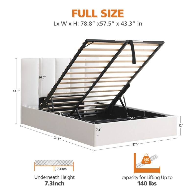 Full Size Lift-Up Storage Bed, White