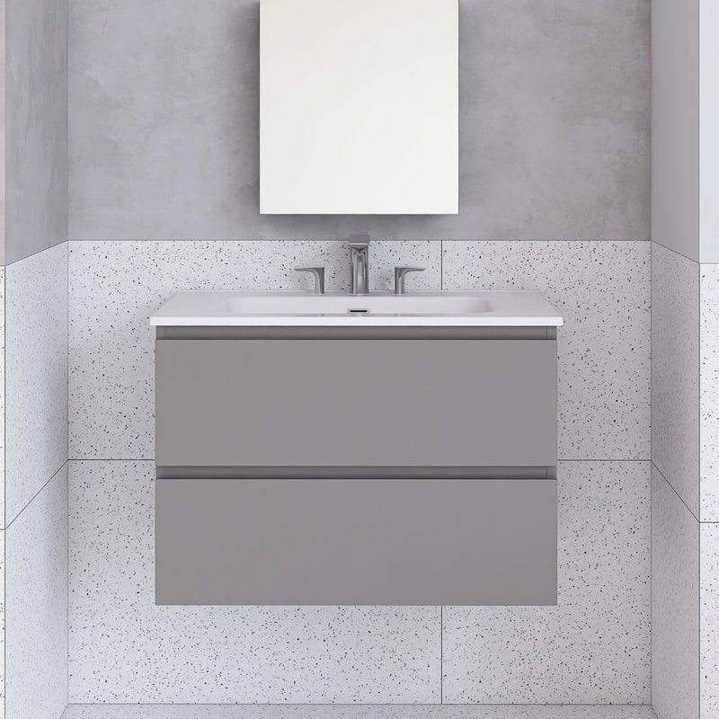 Floating Integrated Bathroom Vanity with Ceramic Sink, Three Faucet Holes - 29.9'' x 18.3'' x 21.1'' - Grey