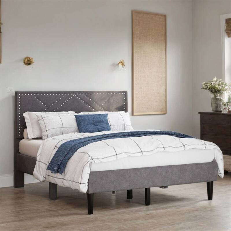 Full/Queen Linen Bed Frame with Storage Headboard,No Noise