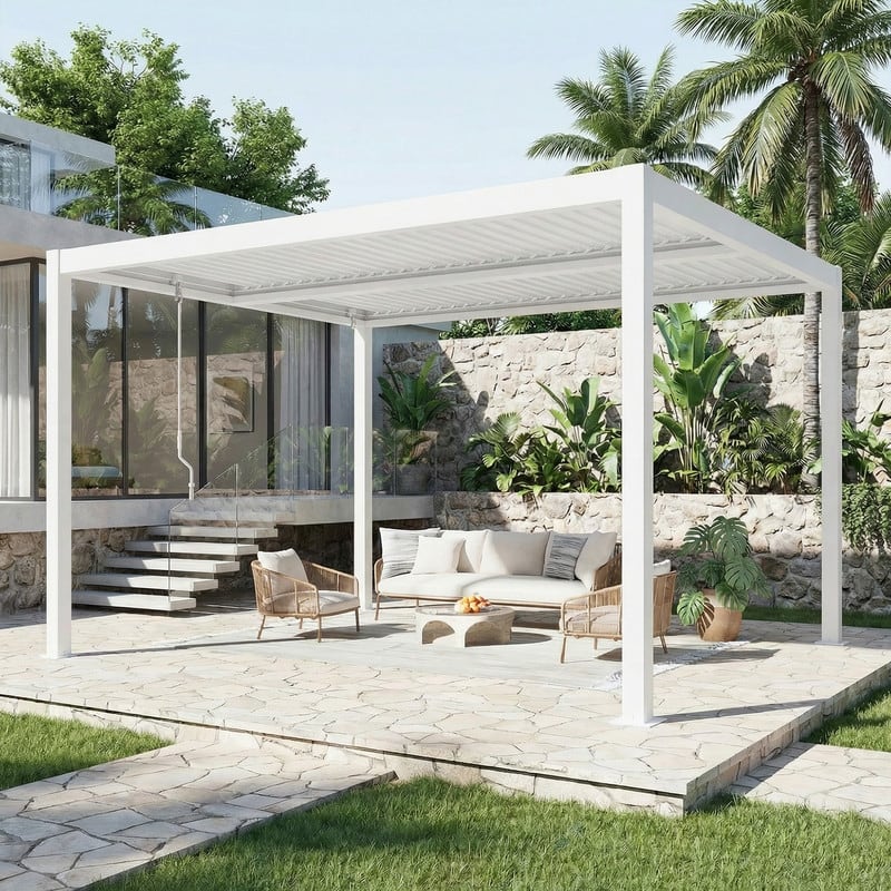 10x12FT Outdoor Pergola with Adjustable Louvered Roof & Integrated Drainage, Heavy-Duty Metal Louvered Pergola for Patios