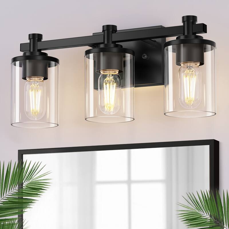 3 Light Vanity Lights, Black and Gold Wall Sconce Light with Clear Glass, Bathroom Light Fixtures - 19.69 in. - Black