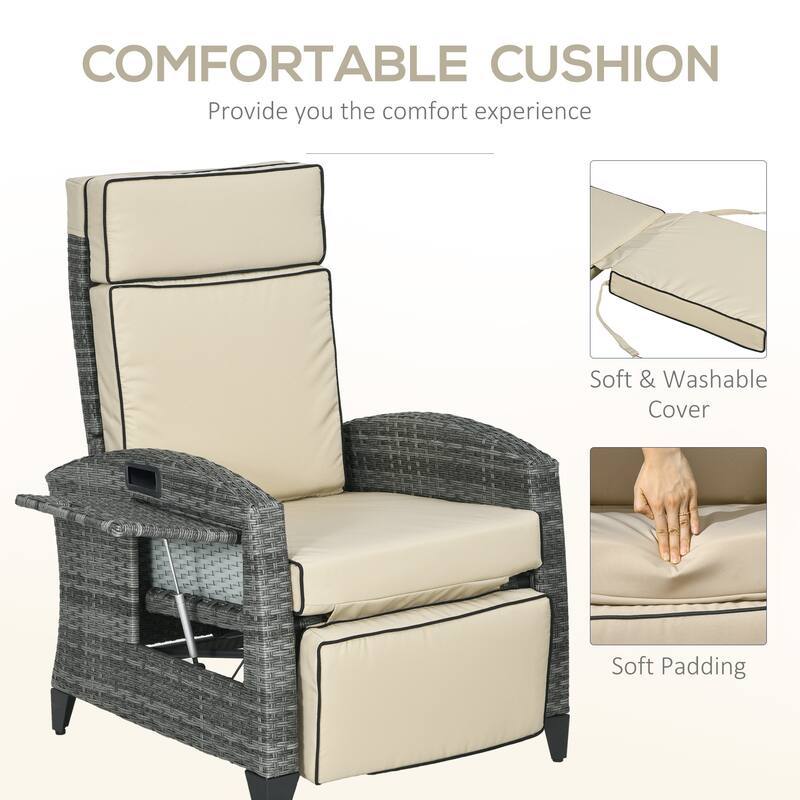 Outsunny Outdoor Recliner Chair with Cushion, PE Wicker Reclining Patio Lounge Chair with Adjustable Footrest