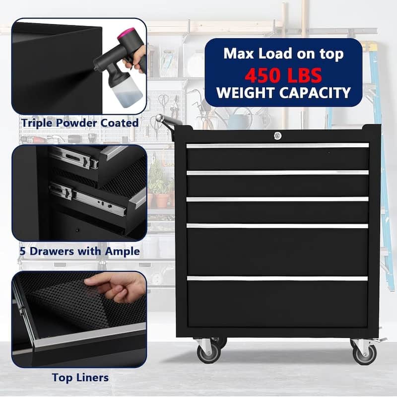 26-Inch 5-Drawer Rolling Tool Chest with Lockable Wheels - N/A