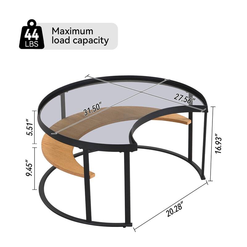 Minimalist Modern Moon-Shaped Coffee Table with Tempered Glass Top and Open Storage Shelf