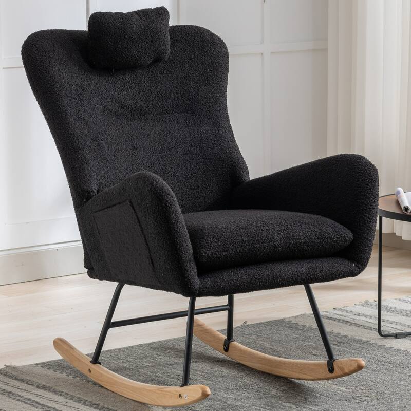 Teddy Fabric Wingback Rocking Chair for Nursery with Safe Solid Wood Base - Black