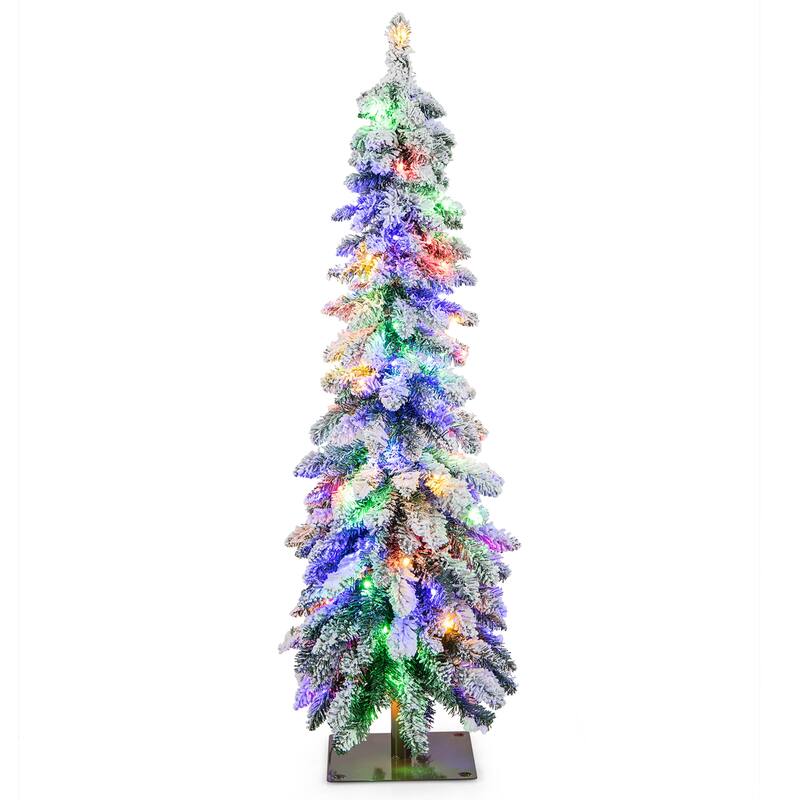 Gymax 4/5/6 FT Pre-Lit Artificial Christmas Tree Snow-Flocked Slim