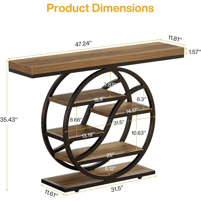 6-Tier Console Table with Storage Shelves for Living Room, Hallway, Foyer, Rustic Brown & Black