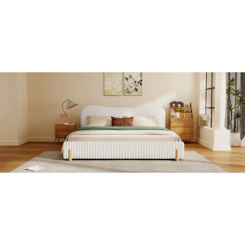 Roomfitters White Boucle Upholstered Bed, Wavy Headboard with Vertical Stitching