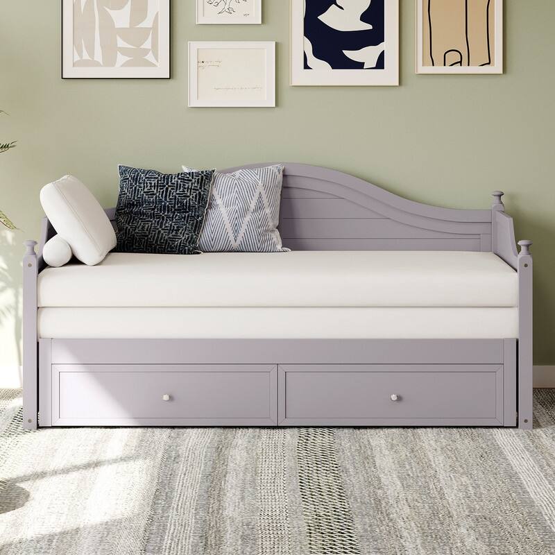 Wood Daybed with Extended Pop Up Trundle and Storage Drawers ,Extendable Daybed, Wooden Sofa Bed for Living Room Guest Room