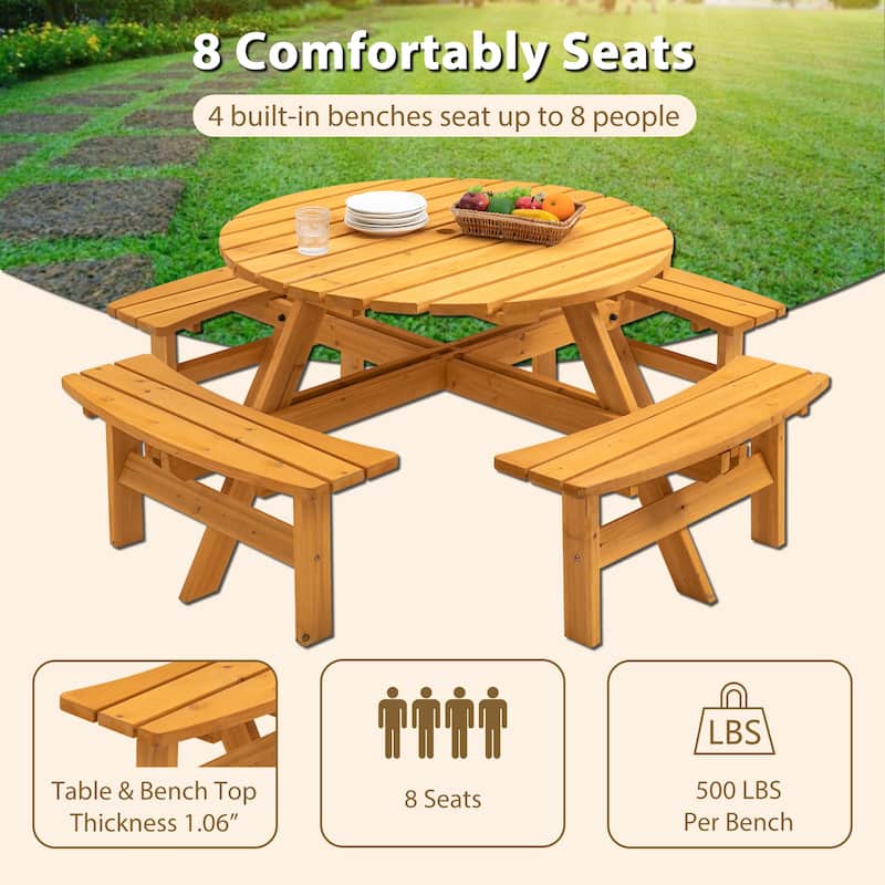8-Person Circular Outdoor Wooden Picnic Table Patio, Backyard, Garden, DIY with 4-Built-in Benches, 2200 lbs. Capacity