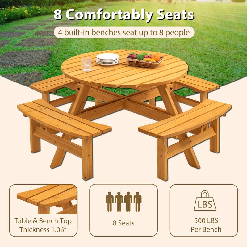 8 Person Dining Table with 4 Built-in Benches Outdoor Camping Round Dining Table Poolside Picnic Beer Table with Seat - Natural