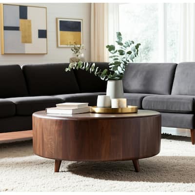 Wood Coffee Table Round Metallic Finish Modern Home Decor - 16" Blue - 36" x 36" x 15.5"