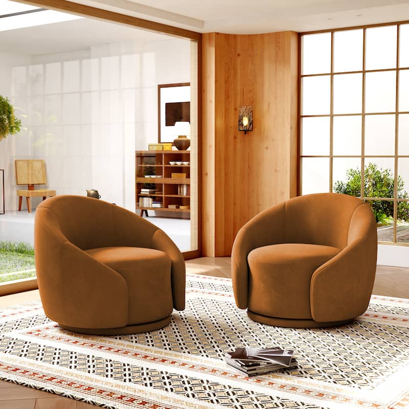 Boucle Barrel Chair Upholstered 360°Swivel Armchair Set of 2 - Velvet - Orange-2Set
