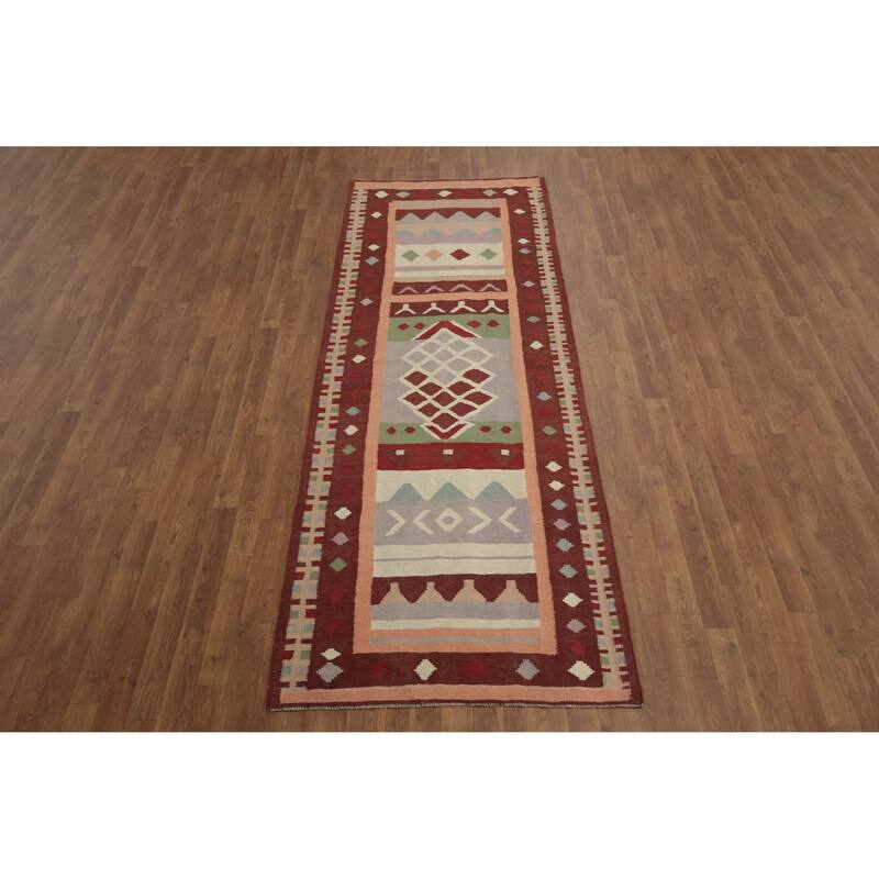 Hand Woven Oriental 100% Wool Carpet Southwestern Tribal Multi-Colored Kilim Runner Rug - 9' 10'' X 3' 4''