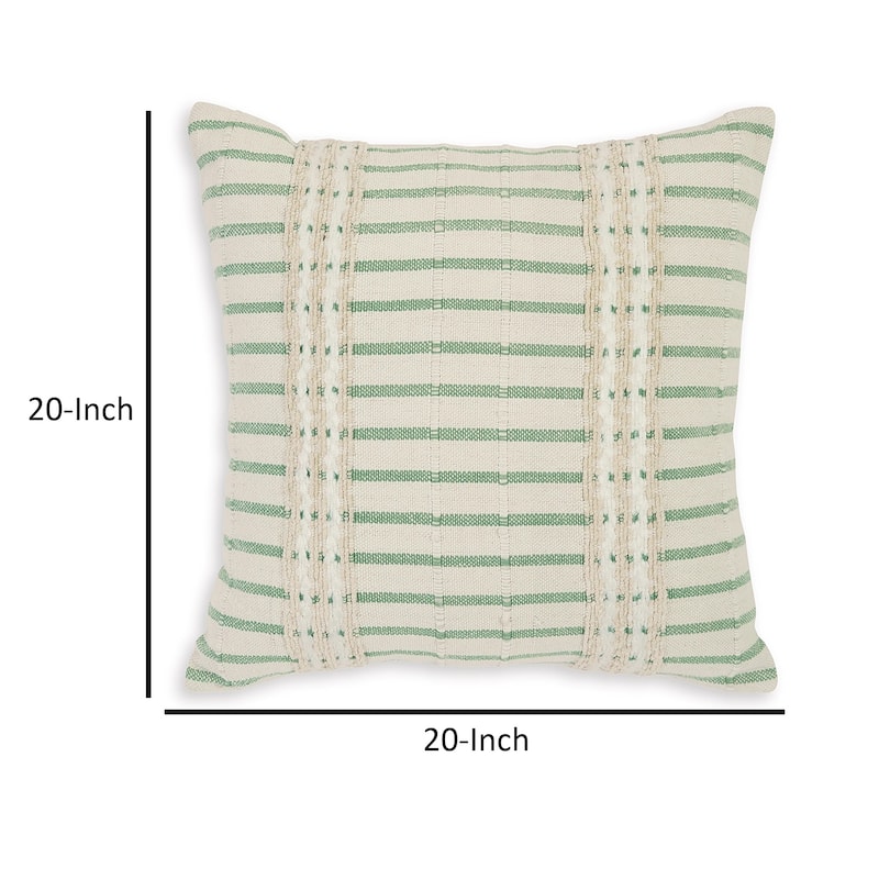 Tony 20 Inch Throw Pillow Set of 4, Striped Design, White and Green Cotton