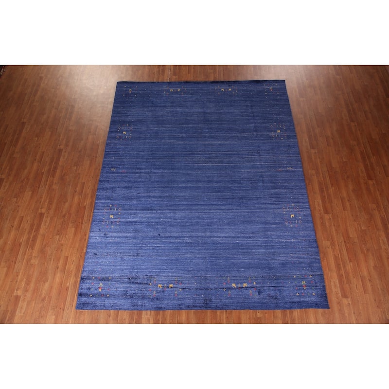 Blue Striped Gabbeh Oriental Area Rug Handmade Silk Carpet - 8'10" x 11'5"