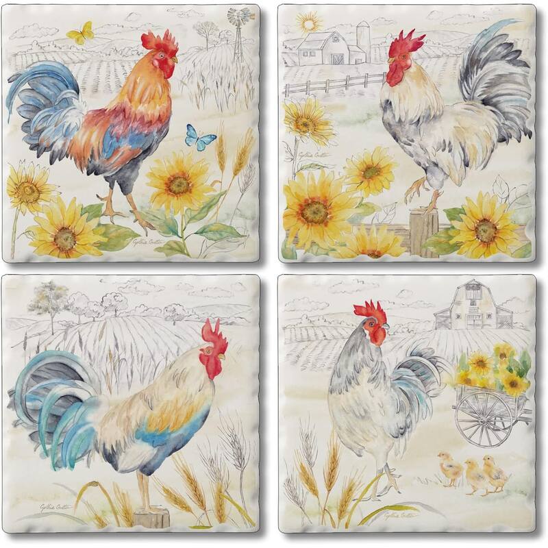 Good Morning Sunshine Rooster Multi-Image Absorbent Stone Coaster 4 Pack with Protective Cork Backing Manufactured in The USA - Multi