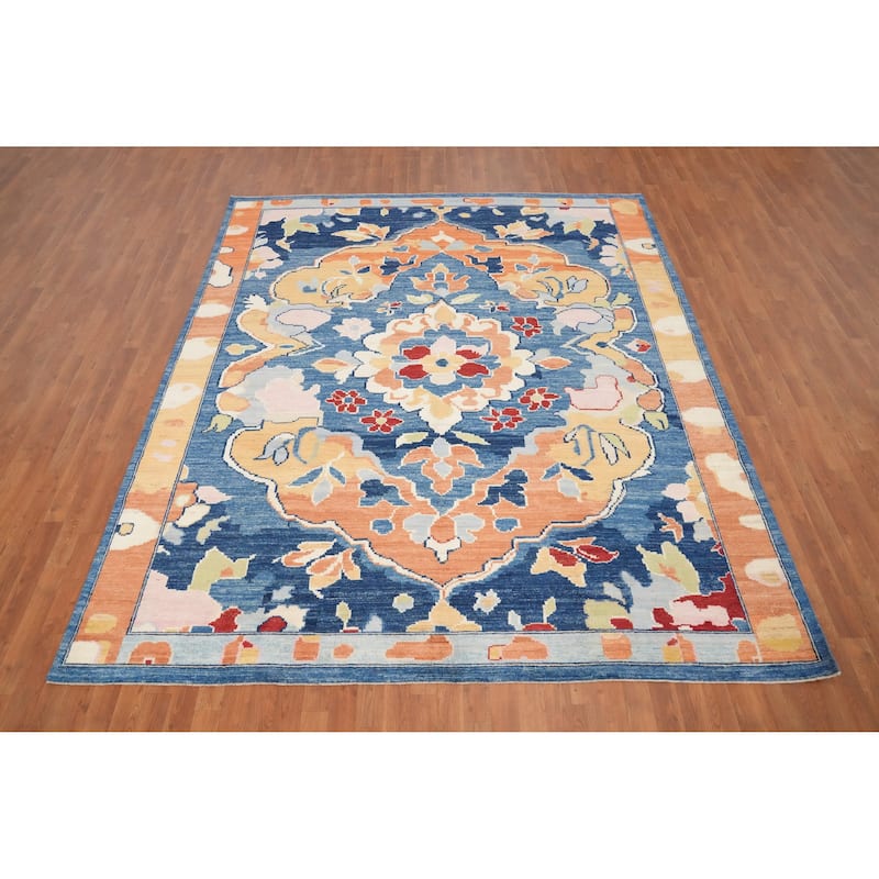 Hand Knotted Oriental 100% Wool Carpet Transitional Floral Navy Blue & Blues Oushak Area Rug - 9' 10'' X 8' 3''