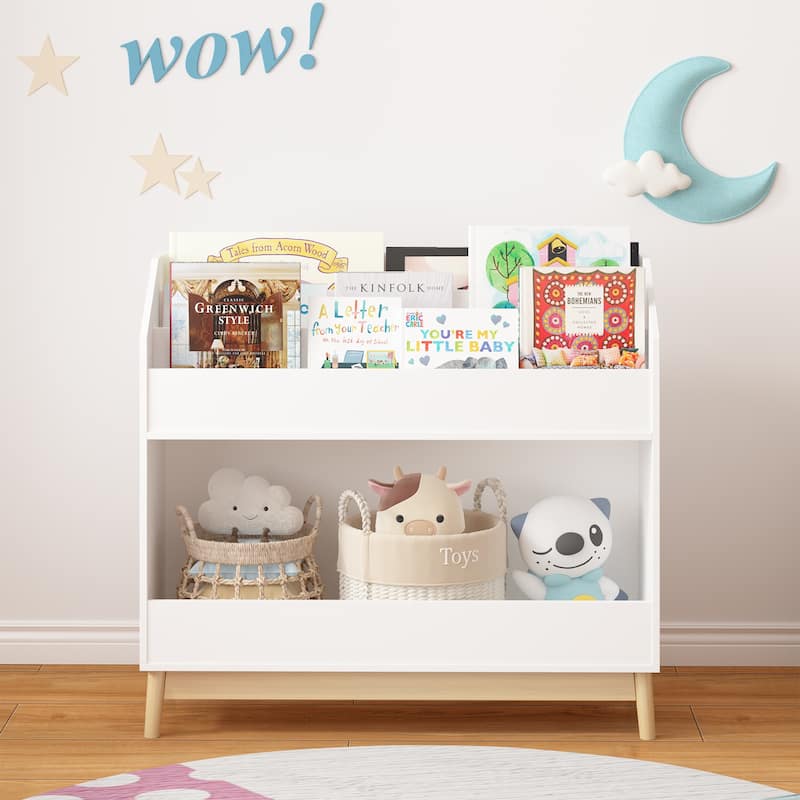 Toddler Book Display Shelf with Storage, Wooden Kids Bookcase Organizer for Bedroom or Playroom, White