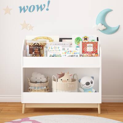 Wooden Toddler Book Display Shelf with Storage - White Kids Bookcase Organizer for Bedroom & Playroom‌.