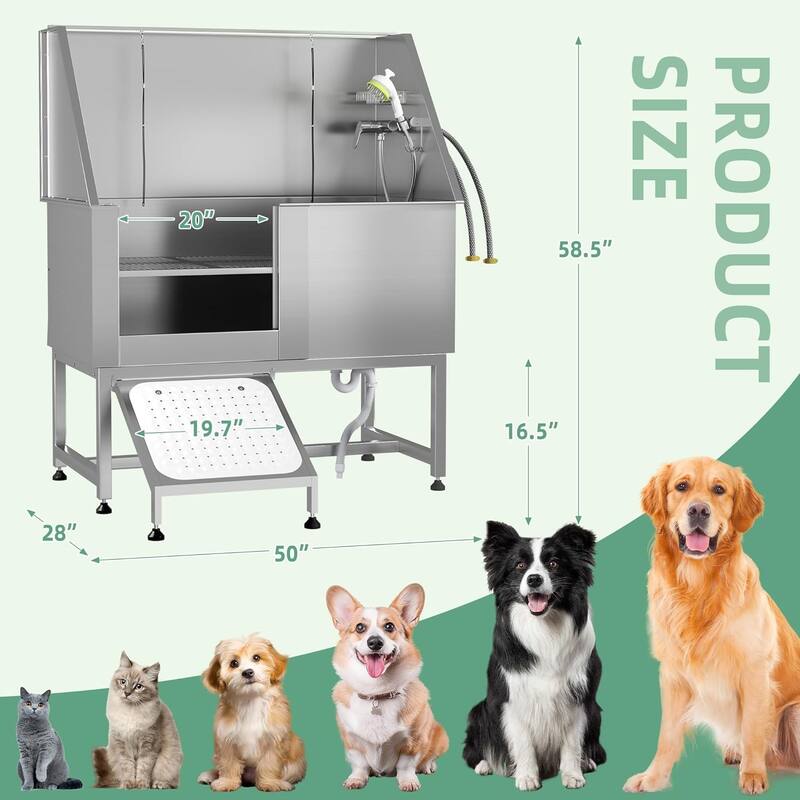 Professional Stainless Steel Dog Washing Station Pet Grooming Bath Tub w/ Ramp